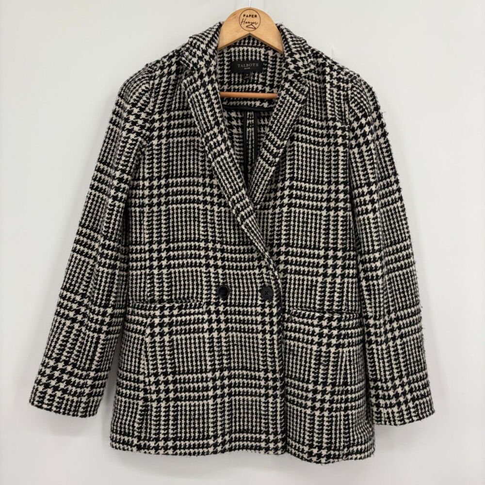Talbots Houndstooth Wool Blend Blazer, Size 4P, Black & Cream